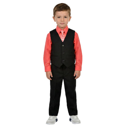 Johnnie Lene Boys 5-Piece Pinstripe Formal Vest Set with Dress Shirt, Pants, Necktie & Bow Tie, Available in 24 Colors - Black/Melon