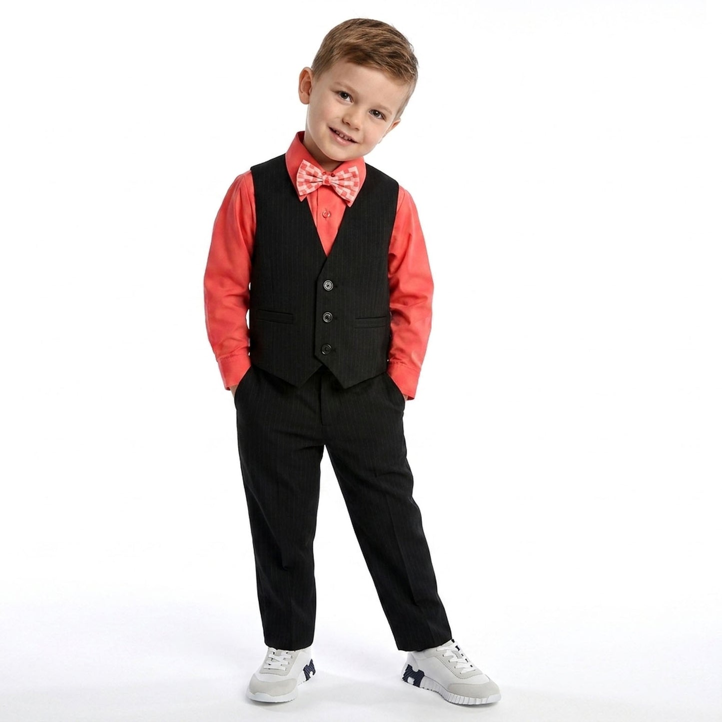 Johnnie Lene Boys 5-Piece Pinstripe Formal Vest Set with Dress Shirt, Pants, Necktie & Bow Tie, Available in 24 Colors