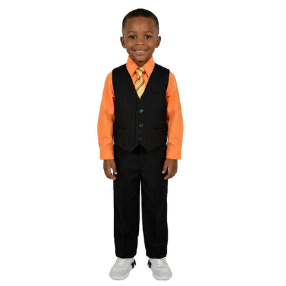 Johnnie Lene Boys 5-Piece Pinstripe Formal Vest Set with Dress Shirt, Pants, Necktie & Bow Tie, Available in 24 Colors - Black/Orange