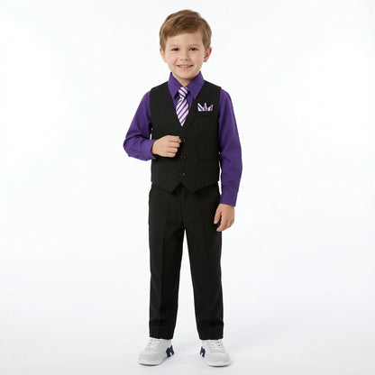 Johnnie Lene Boys 5-Piece Pinstripe Formal Vest Set with Dress Shirt, Pants, Necktie & Bow Tie, Available in 24 Colors - Black/Purple