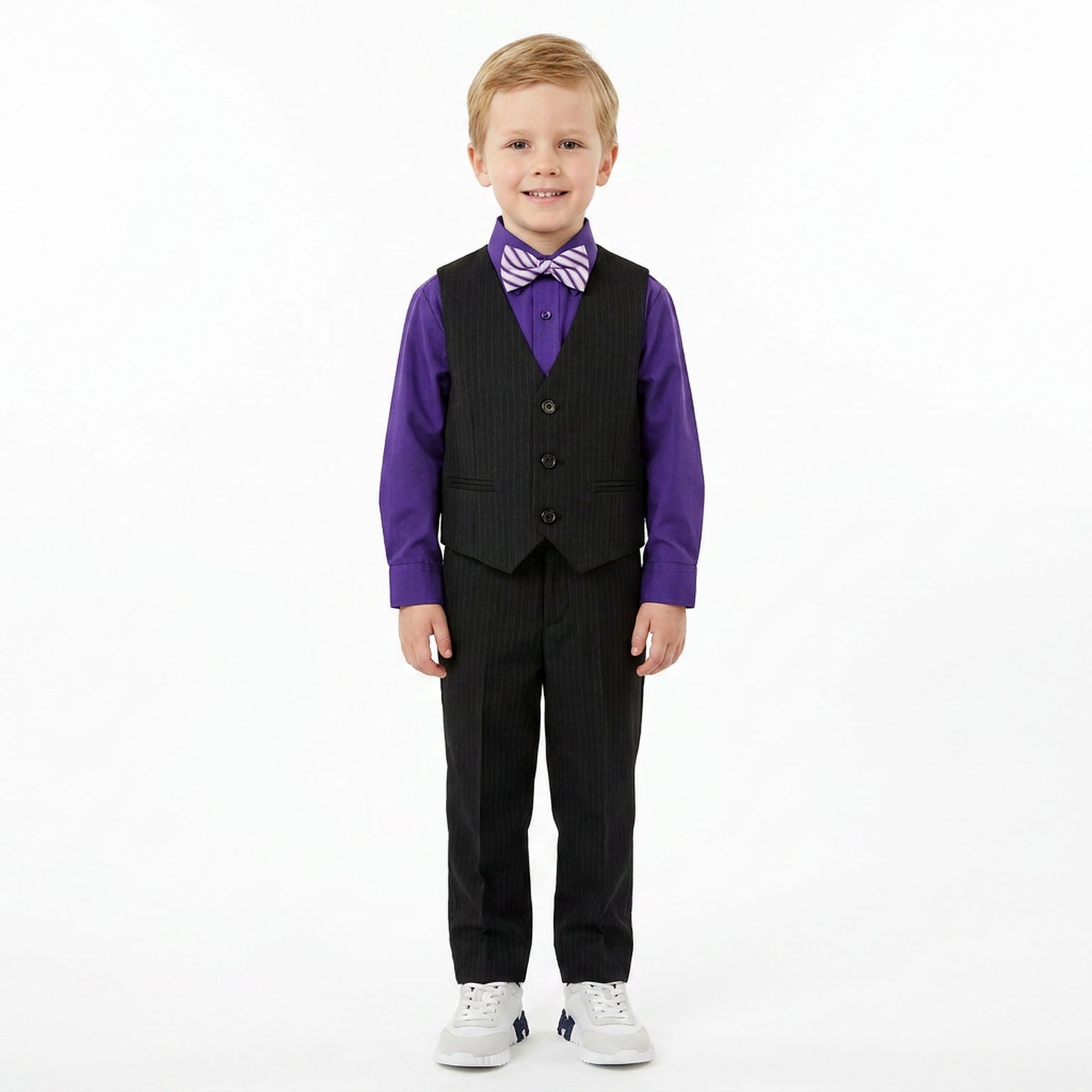 Johnnie Lene Boys 5-Piece Pinstripe Formal Vest Set with Dress Shirt, Pants, Necktie & Bow Tie, Available in 24 Colors