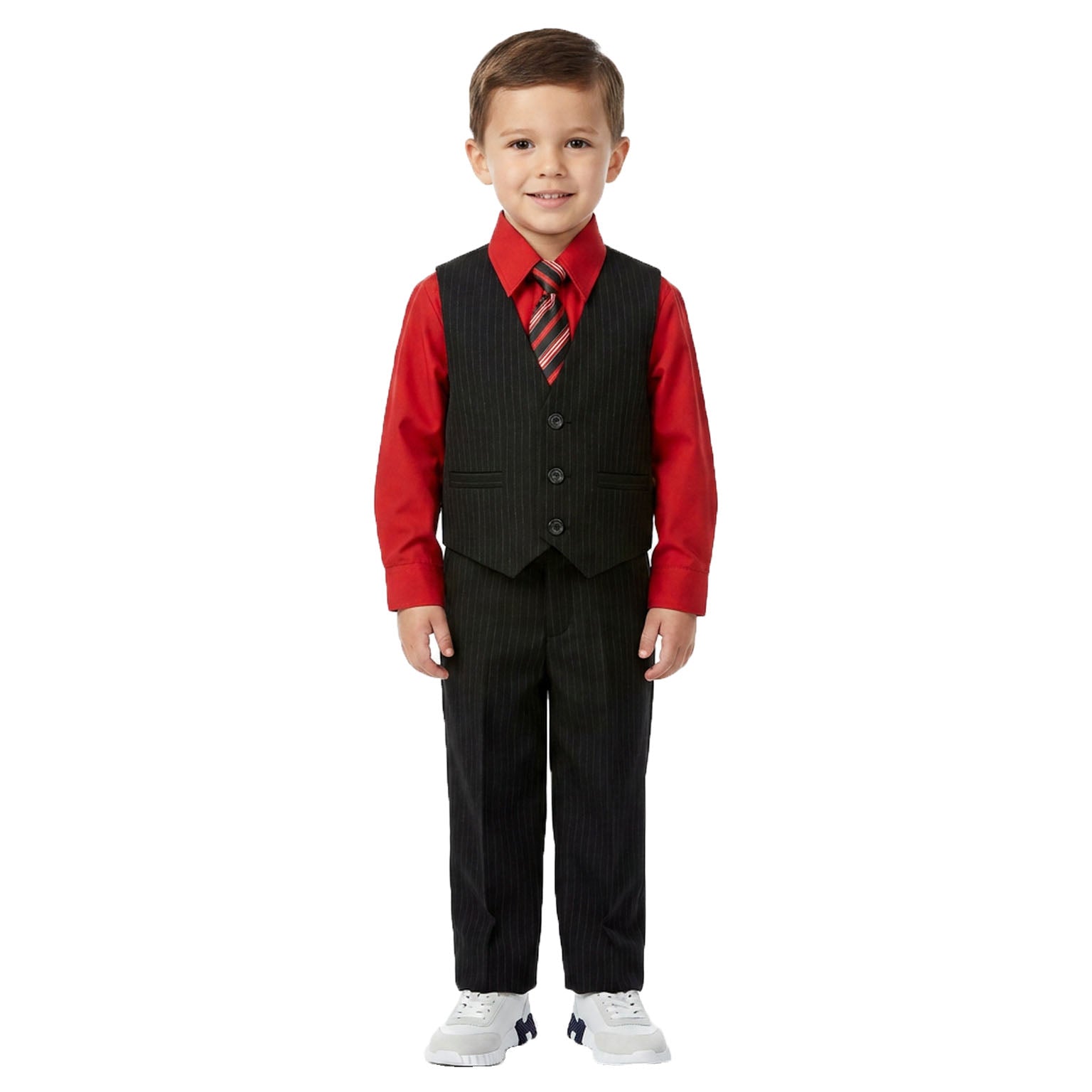 Johnnie Lene Boys 5-Piece Pinstripe Formal Vest Set with Dress Shirt, Pants, Necktie & Bow Tie, Available in 24 Colors - Black/Red