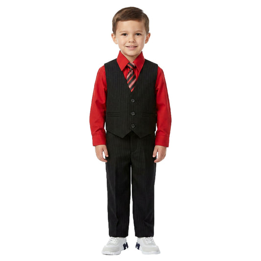 Johnnie Lene Boys 5-Piece Pinstripe Formal Vest Set with Dress Shirt, Pants, Necktie & Bow Tie, Available in 24 Colors - Black/Red