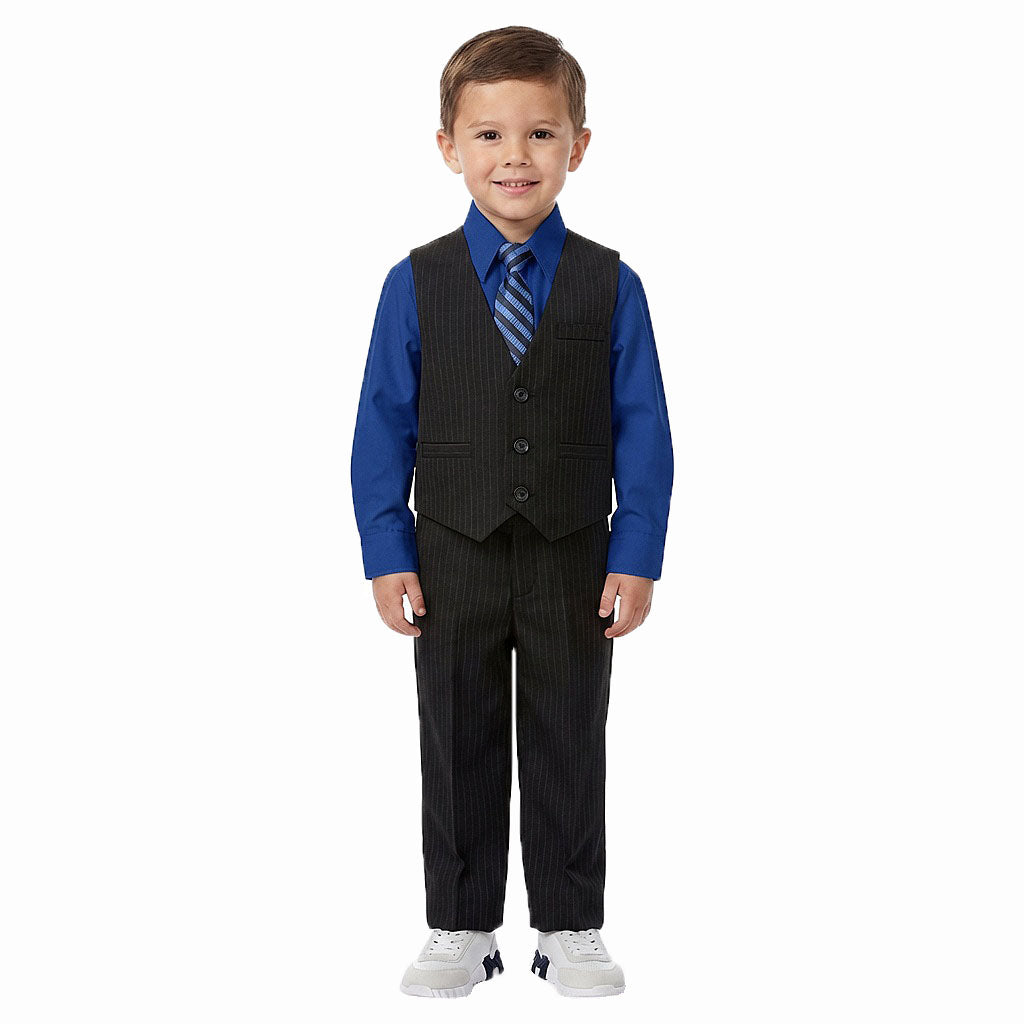 Johnnie Lene Boys 5-Piece Pinstripe Formal Vest Set with Dress Shirt, Pants, Necktie & Bow Tie, Available in 24 Colors - Black/Royal