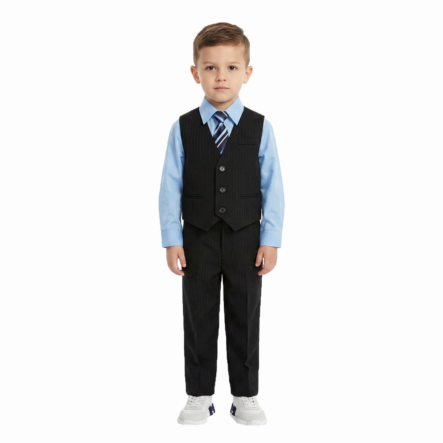 Johnnie Lene Boys 5-Piece Pinstripe Formal Vest Set with Dress Shirt, Pants, Necktie & Bow Tie, Available in 24 Colors - Black/Sky Blue