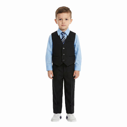 Johnnie Lene Boys 5-Piece Pinstripe Formal Vest Set with Dress Shirt, Pants, Necktie & Bow Tie, Available in 24 Colors - Black/Sky Blue