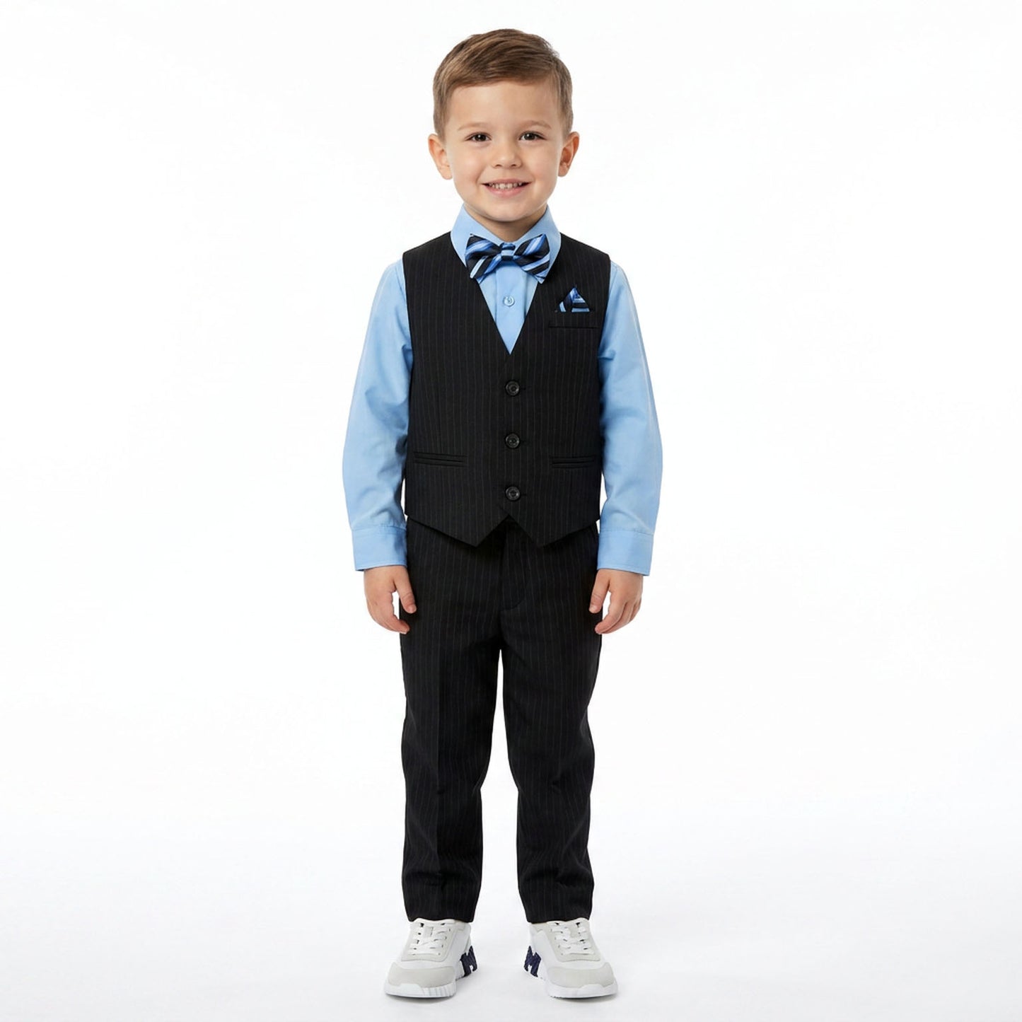 Johnnie Lene Boys 5-Piece Pinstripe Formal Vest Set with Dress Shirt, Pants, Necktie & Bow Tie, Available in 24 Colors
