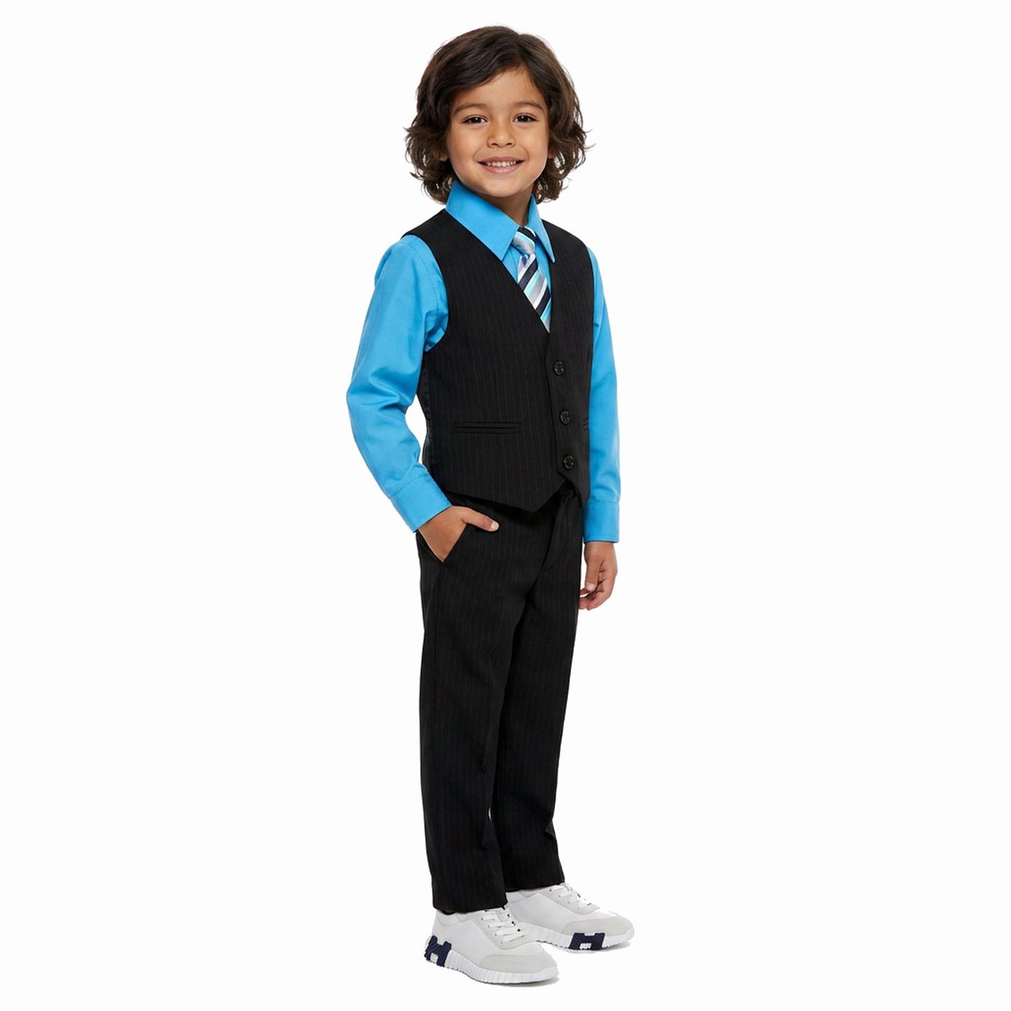 Johnnie Lene Boys 5-Piece Pinstripe Formal Vest Set with Dress Shirt, Pants, Necktie & Bow Tie, Available in 24 Colors - Black/Vivid