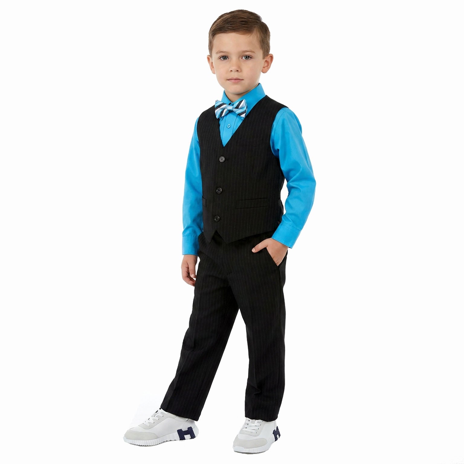 Johnnie Lene Boys 5-Piece Pinstripe Formal Vest Set with Dress Shirt, Pants, Necktie & Bow Tie, Available in 24 Colors