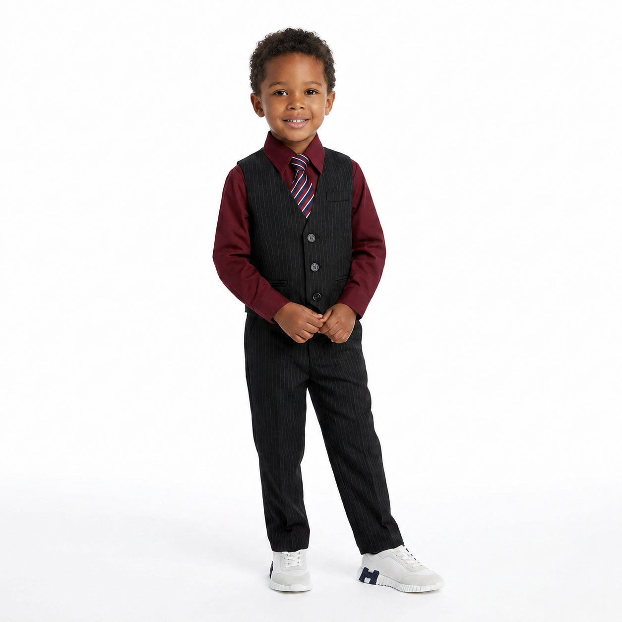 Johnnie Lene Boys 5-Piece Pinstripe Formal Vest Set with Dress Shirt, Pants, Necktie & Bow Tie, Available in 24 Colors - Black/Wine