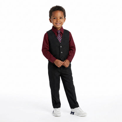 Johnnie Lene Boys 5-Piece Pinstripe Formal Vest Set with Dress Shirt, Pants, Necktie & Bow Tie, Available in 24 Colors - Black/Wine