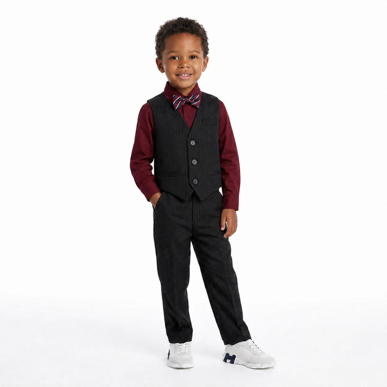 Johnnie Lene Boys 5-Piece Pinstripe Formal Vest Set with Dress Shirt, Pants, Necktie & Bow Tie, Available in 24 Colors