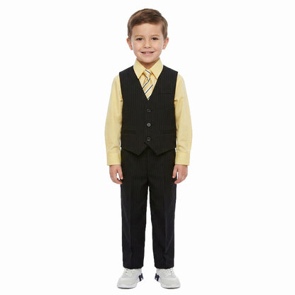 Johnnie Lene Boys 5-Piece Pinstripe Formal Vest Set with Dress Shirt, Pants, Necktie & Bow Tie, Available in 24 Colors - Black/Yellow