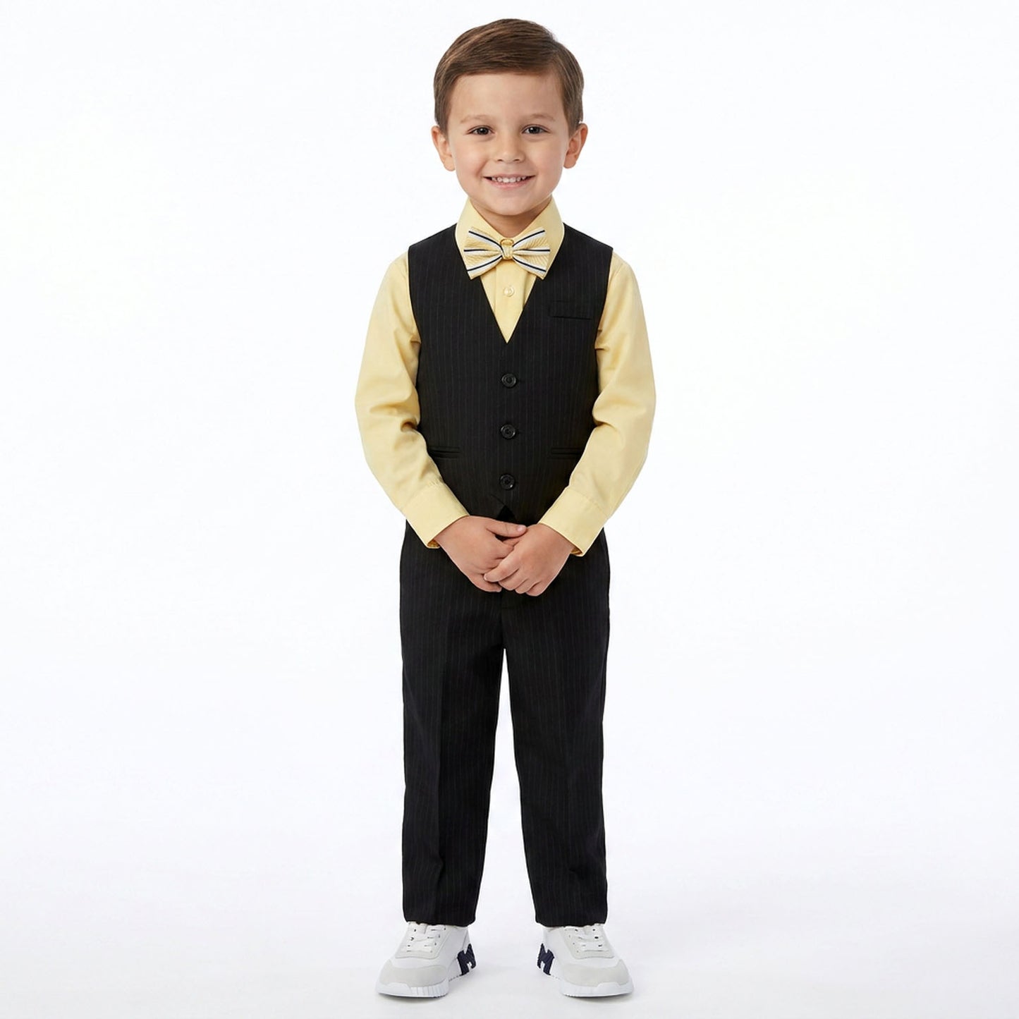 Johnnie Lene Boys 5-Piece Pinstripe Formal Vest Set with Dress Shirt, Pants, Necktie & Bow Tie, Available in 24 Colors