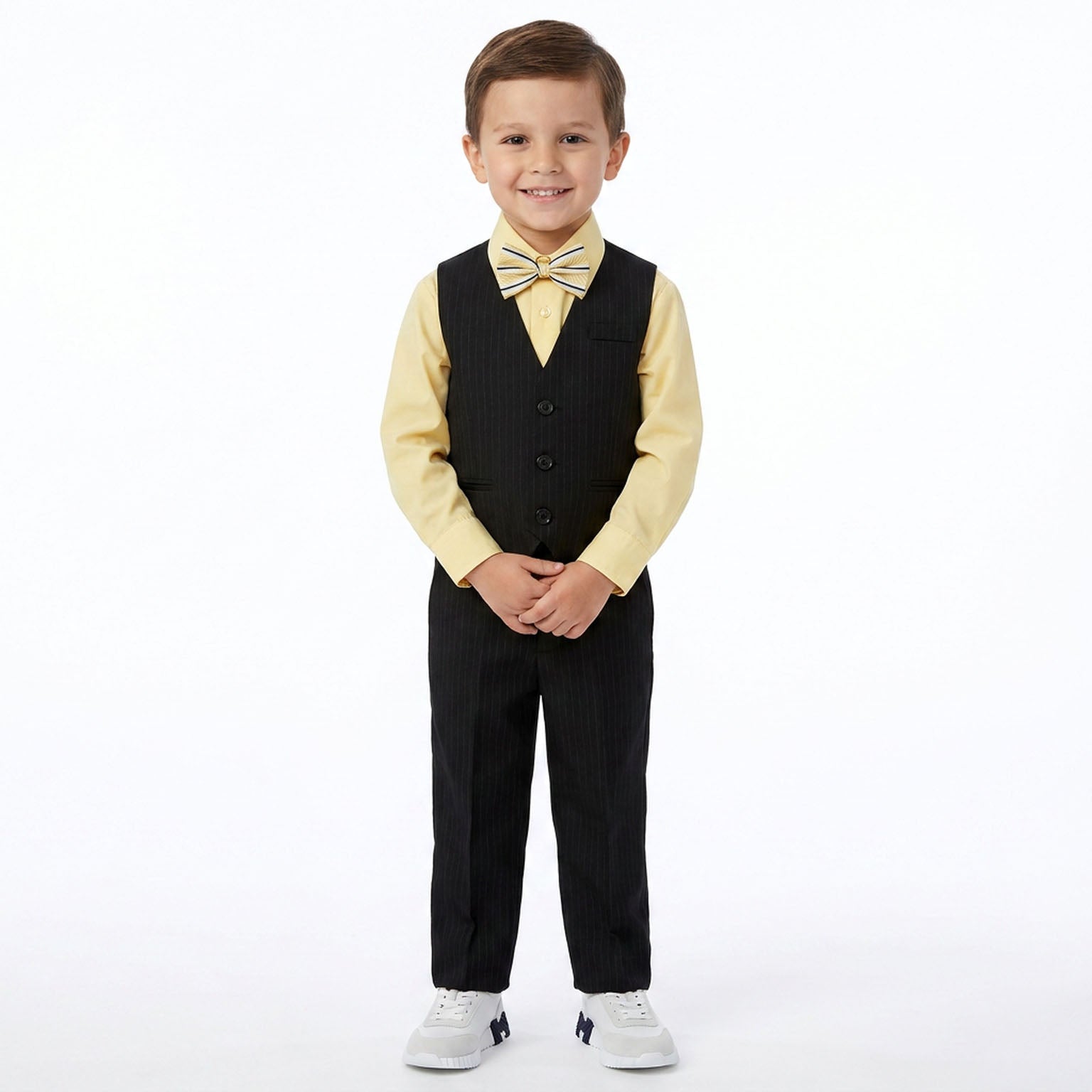 Johnnie Lene Boys 5-Piece Pinstripe Formal Vest Set with Dress Shirt, Pants, Necktie & Bow Tie, Available in 24 Colors