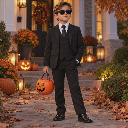 Gino Giovanni Boys’ Black 5-Piece Suit Set with Necktie – Secret Agent, Spy or Mobster Halloween Costume and Formal Outfit