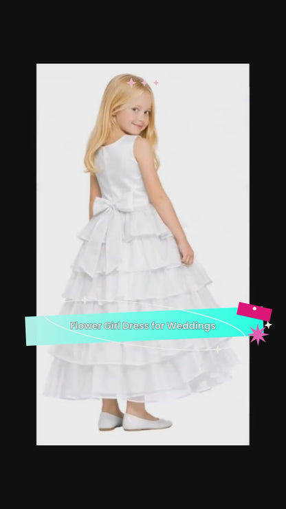 Elegant princess silhouette flower Girl Dress – Satin Bodice with All-Over Layered Organza Skirt Princess Dress